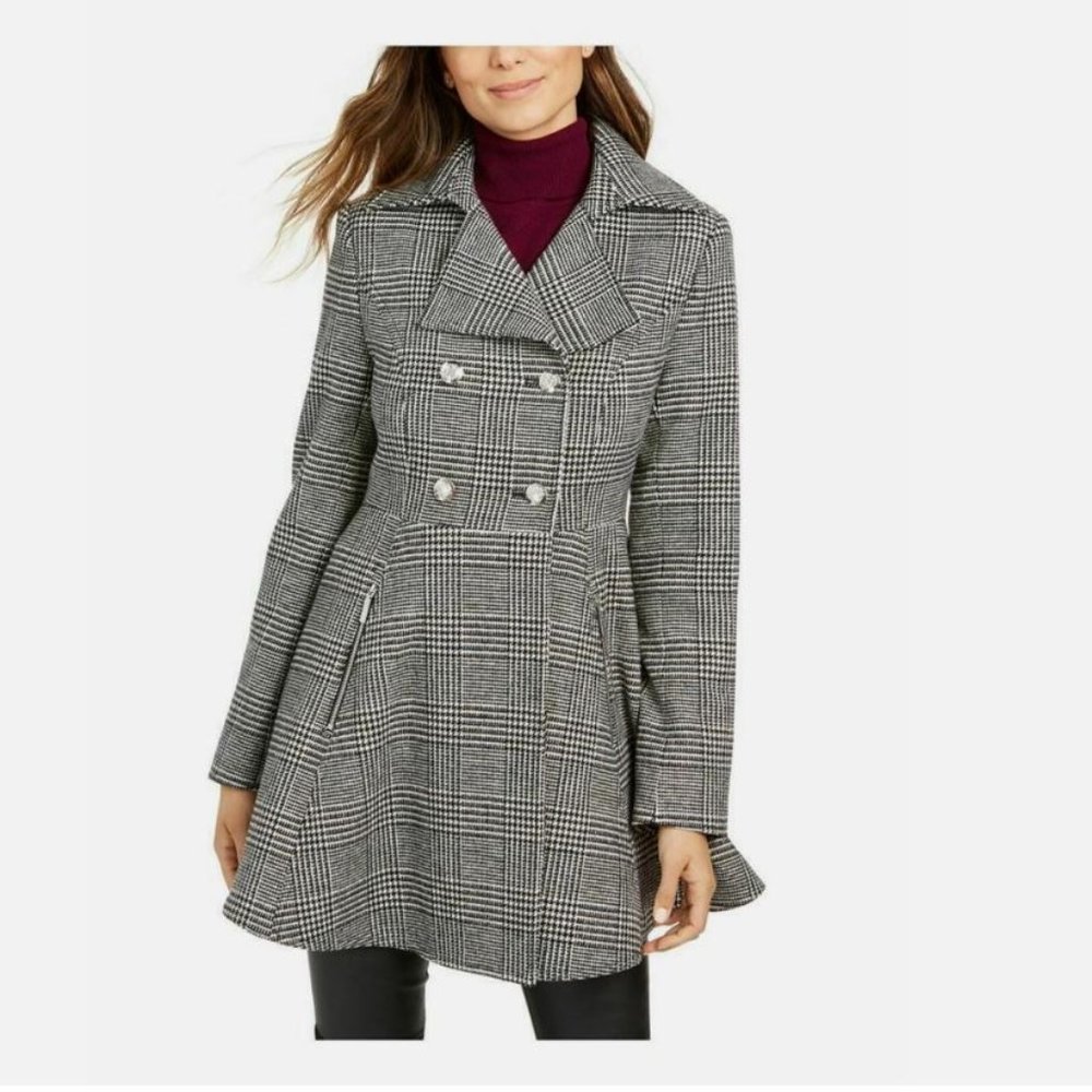 Laundry by Shelli Segal Double-Breasted Skirted Wool Coat, BLACK - WHITE…